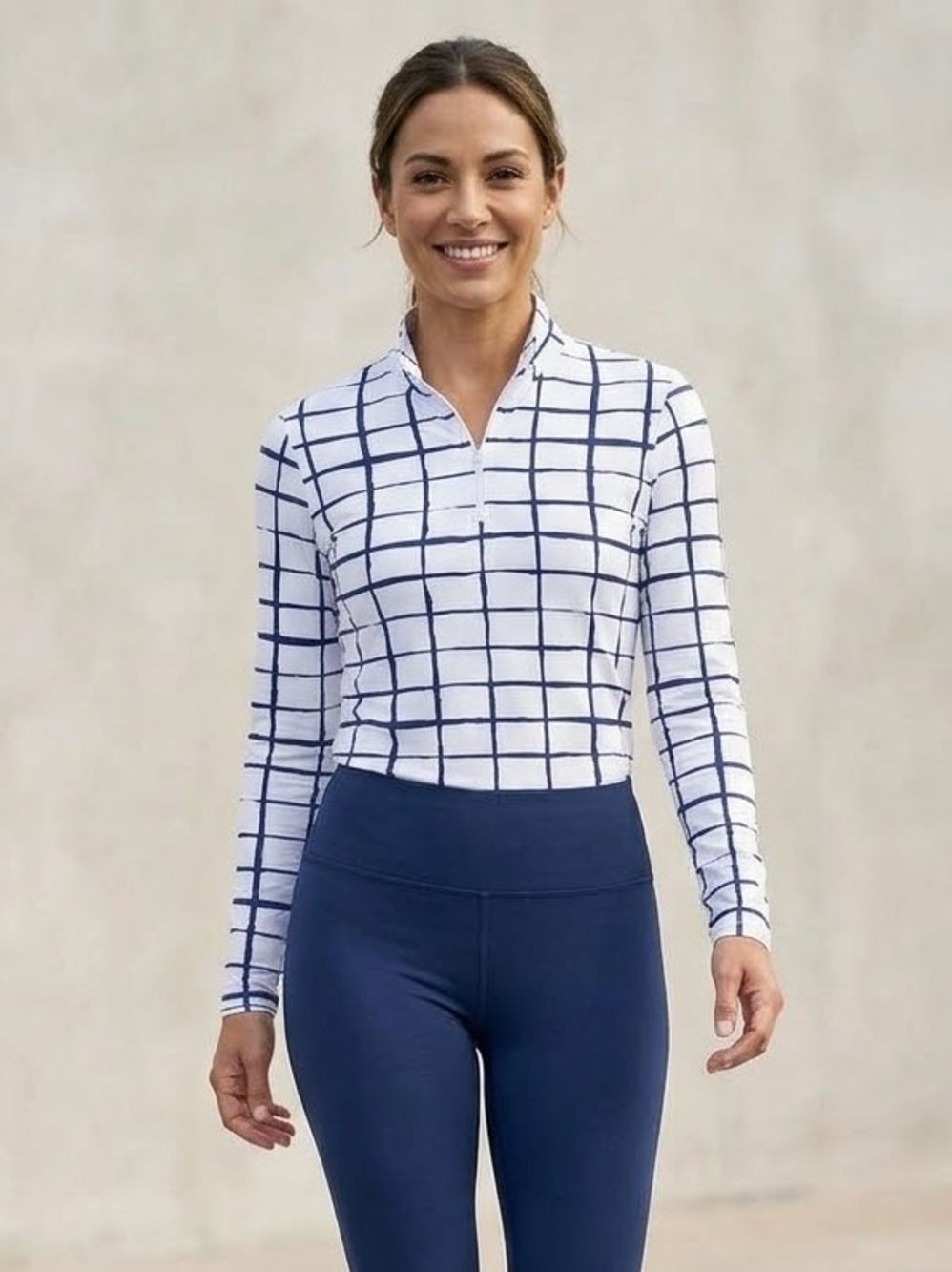 IBKUL White Long-Sleeve Grid Polo with Navy Lines